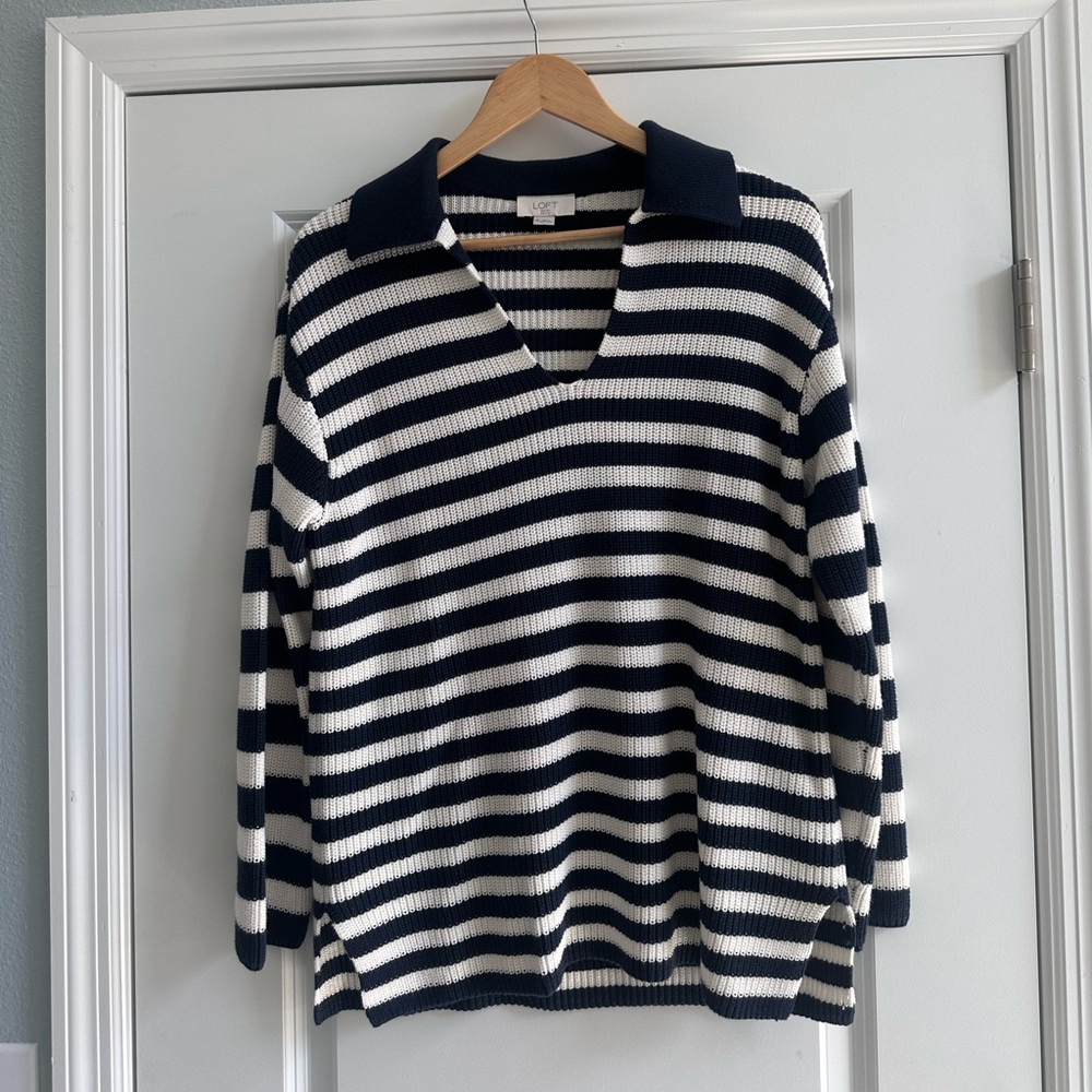 LOFT Women's V-Neck Sweater in Navy and White Stripes